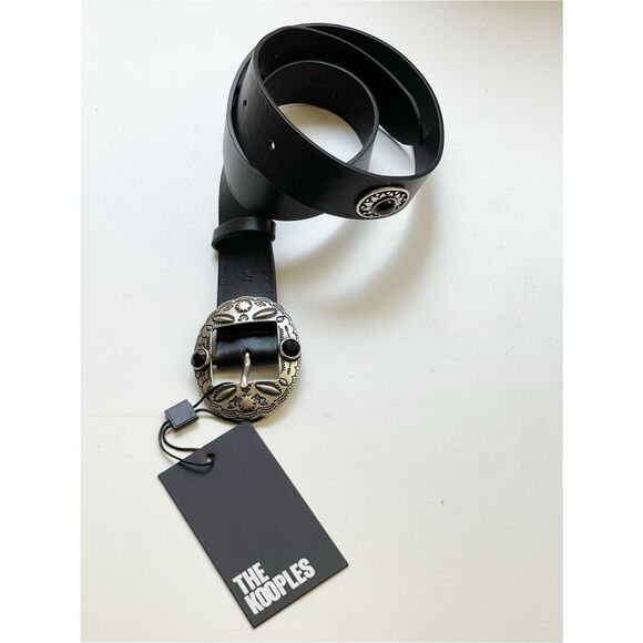 The Kooples Paris Onyx Black Western Leather Belt Silver Conch Buckle main image 5
